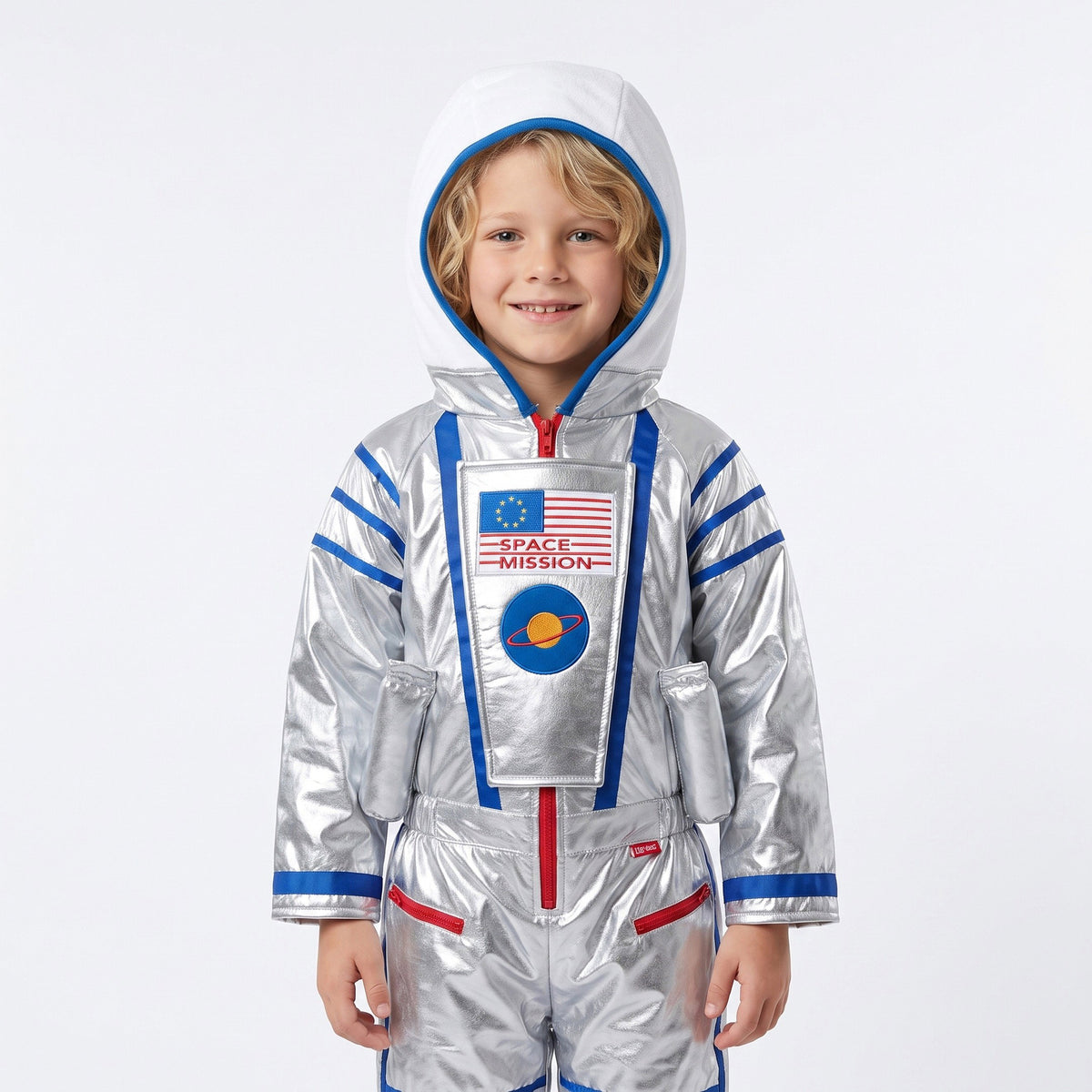 Astronautenkostuum met gewatteerde ruimteoverall, kap en driedimensionale ruimtedetails
