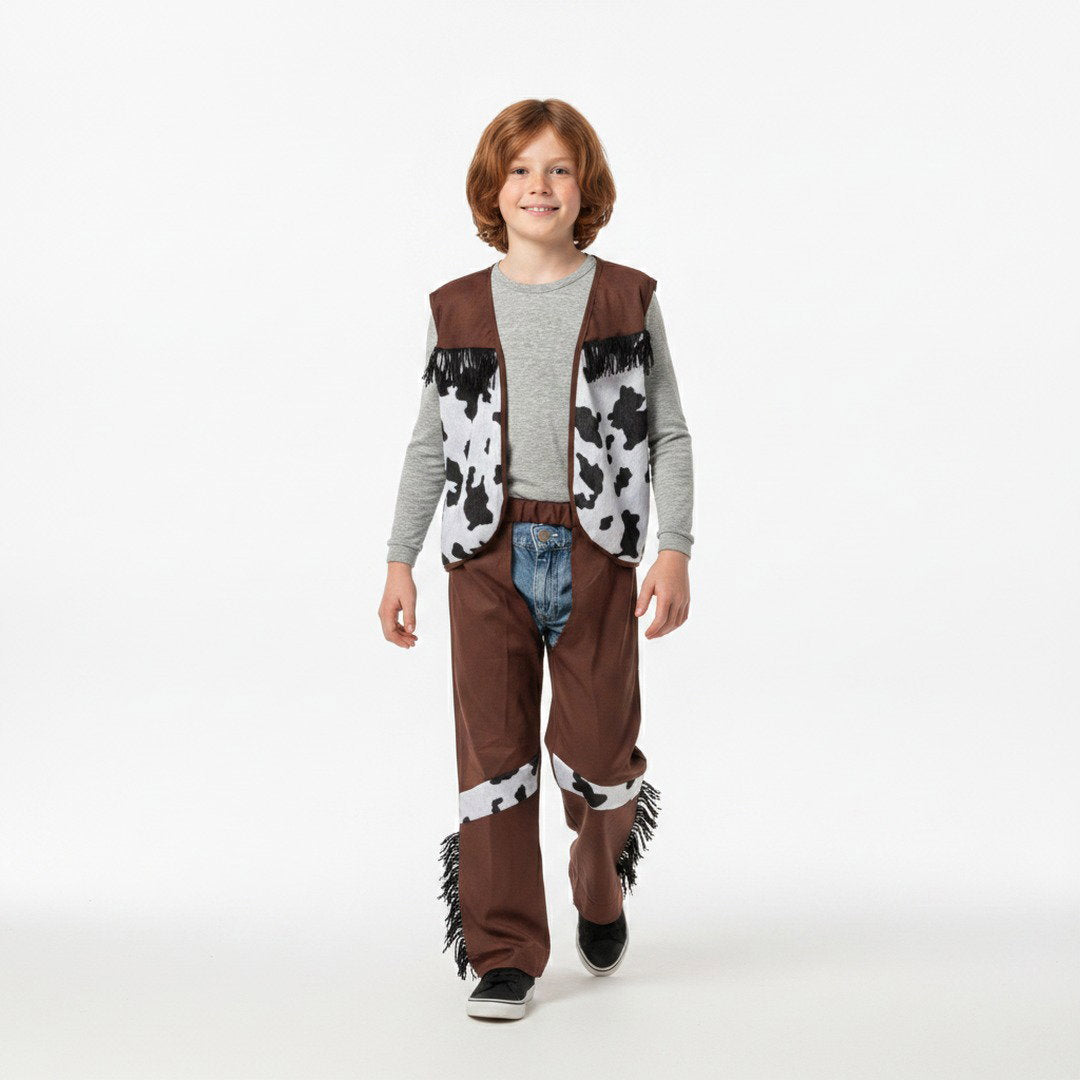 Cowboykostuum met chaps, koeienprint en westernvest