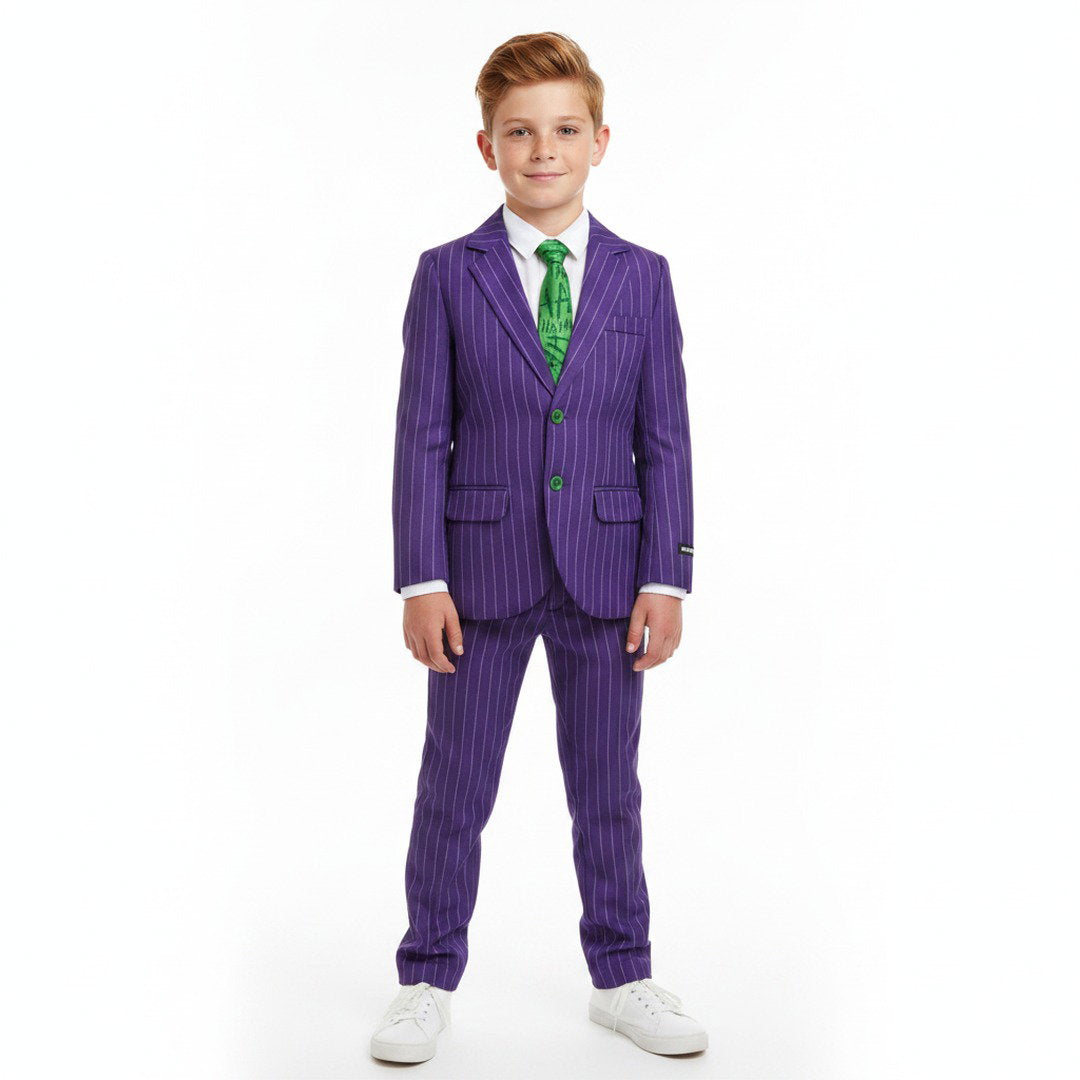 Ondeugend Jokerkostuum met stijlvol krijtstreeppak, bijpassend hemd en opvallende das voor een mysterieuze en griezelige Halloweenlook