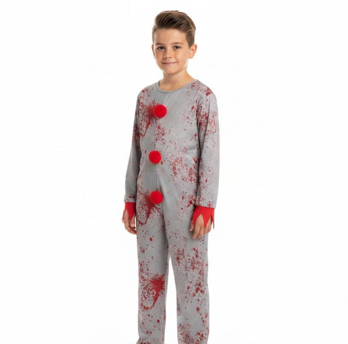 Griezelig clownskostuum met grote pompons, rafelige mouwen en opvallende spetterprint voor een enge look