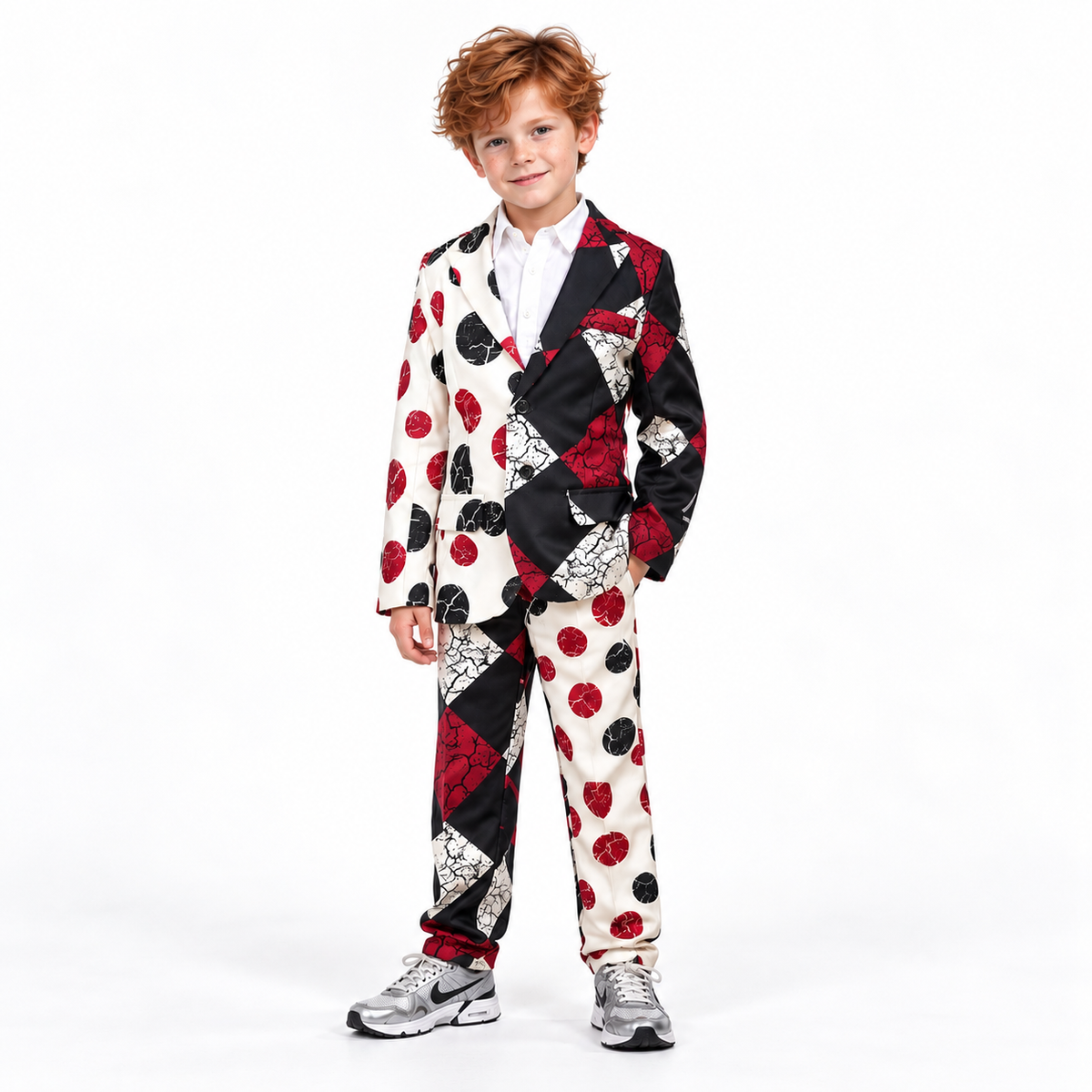 Griezelig clownskostuum met opvallend asymmetrisch patroon, jasje, bijpassende broek en hemd voor een angstaanjagende clownlook