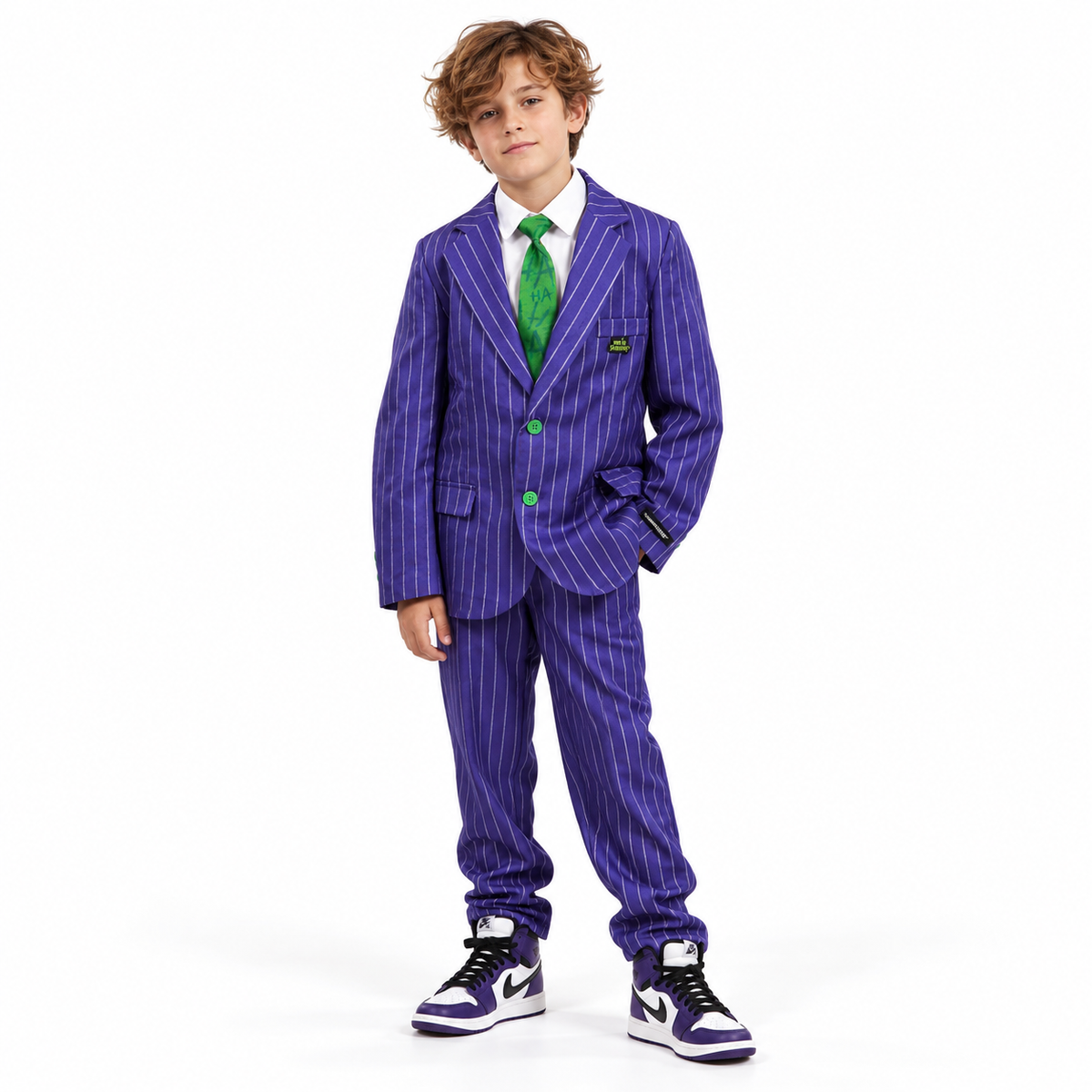 Ondeugend Jokerkostuum met stijlvol krijtstreeppak, bijpassend hemd en opvallende das voor een mysterieuze en griezelige Halloweenlook
