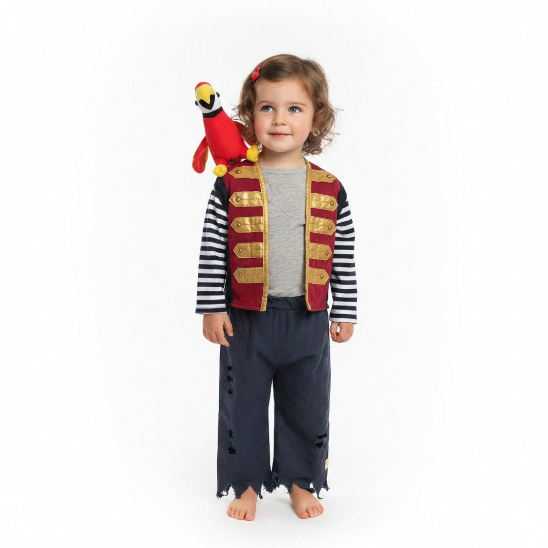 Piratenkostuum met vest, gestreept shirt, gescheurde broek en papegaai op de schouder met velcro