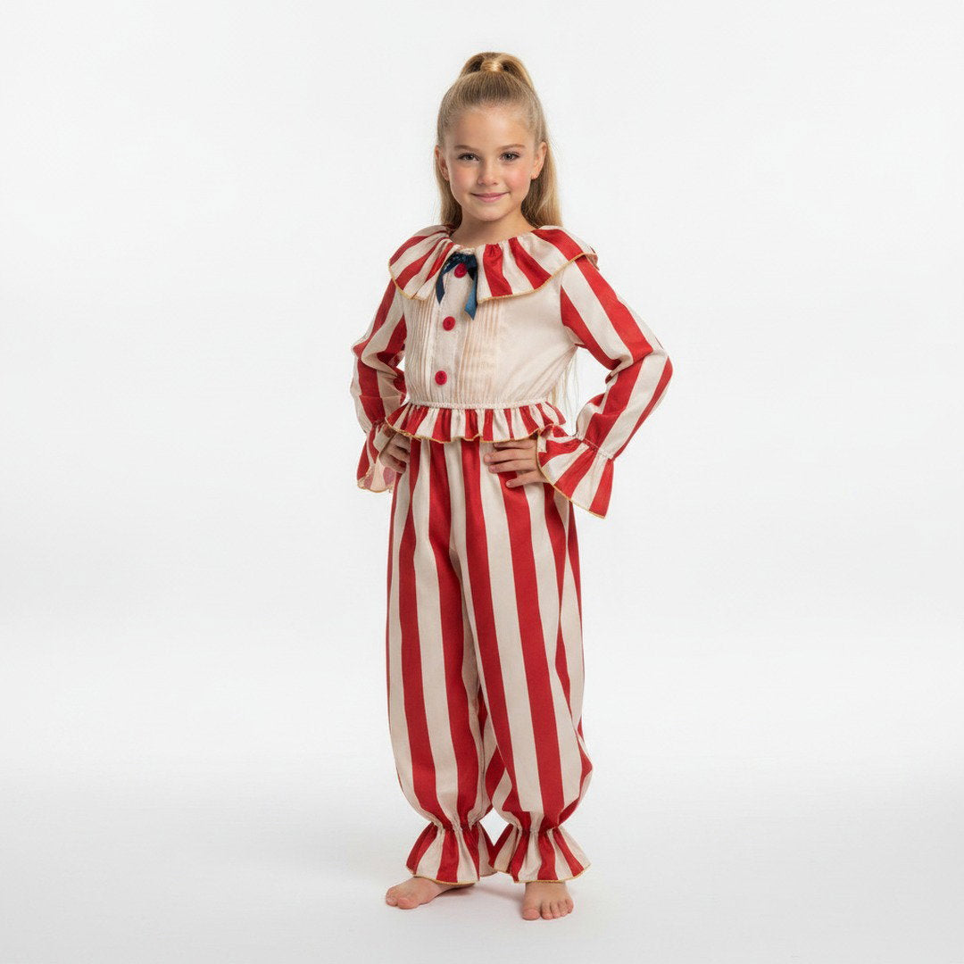 Clownskostuum met strepen, sierdetails en kraag