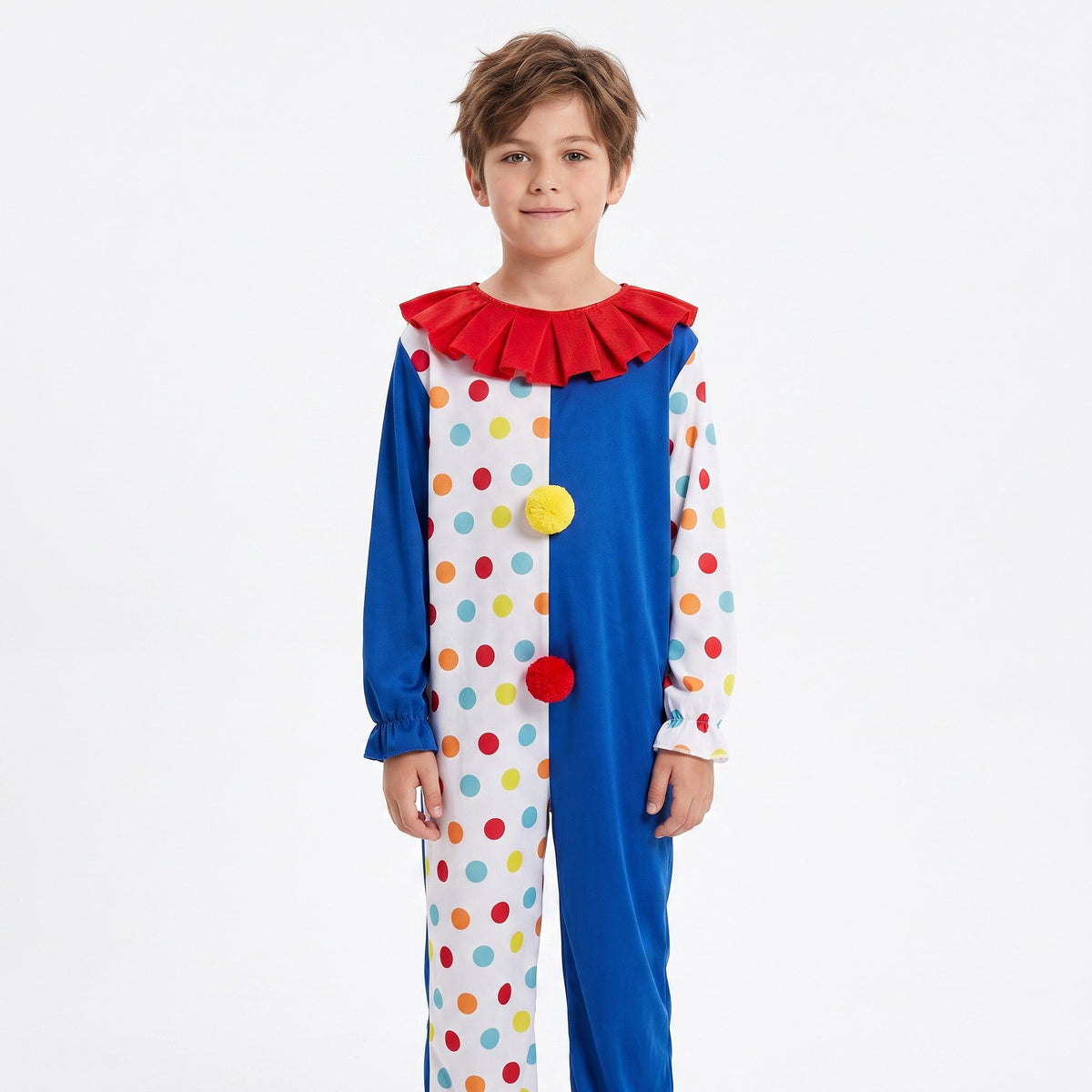 Clownskostuum met gestippeld pak, contrasterende broekspijp, kraag en pompons