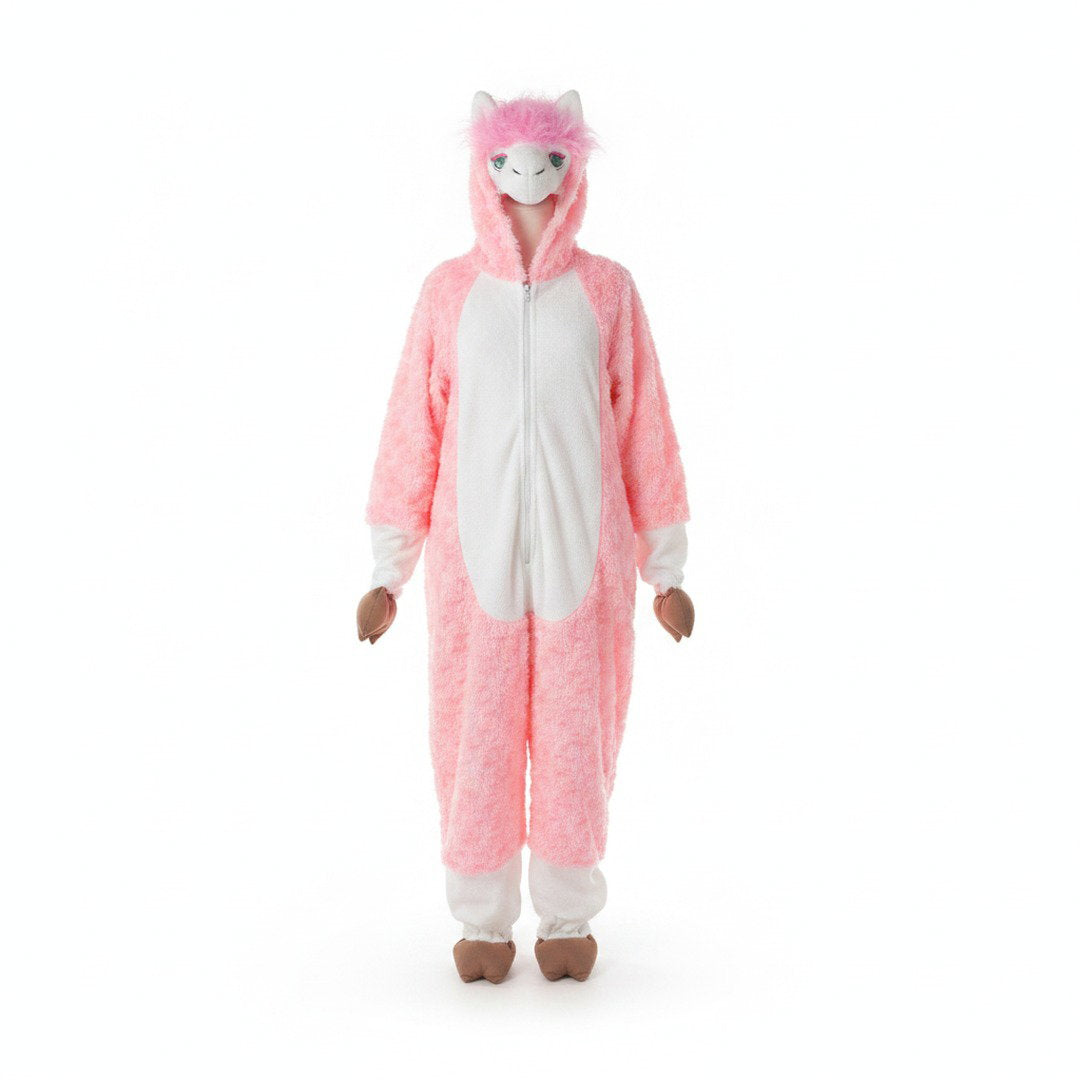 Lama-onesie van zachte pluche stof met lama-capuchon, oortjes, pootdetails en speelse kwastjes