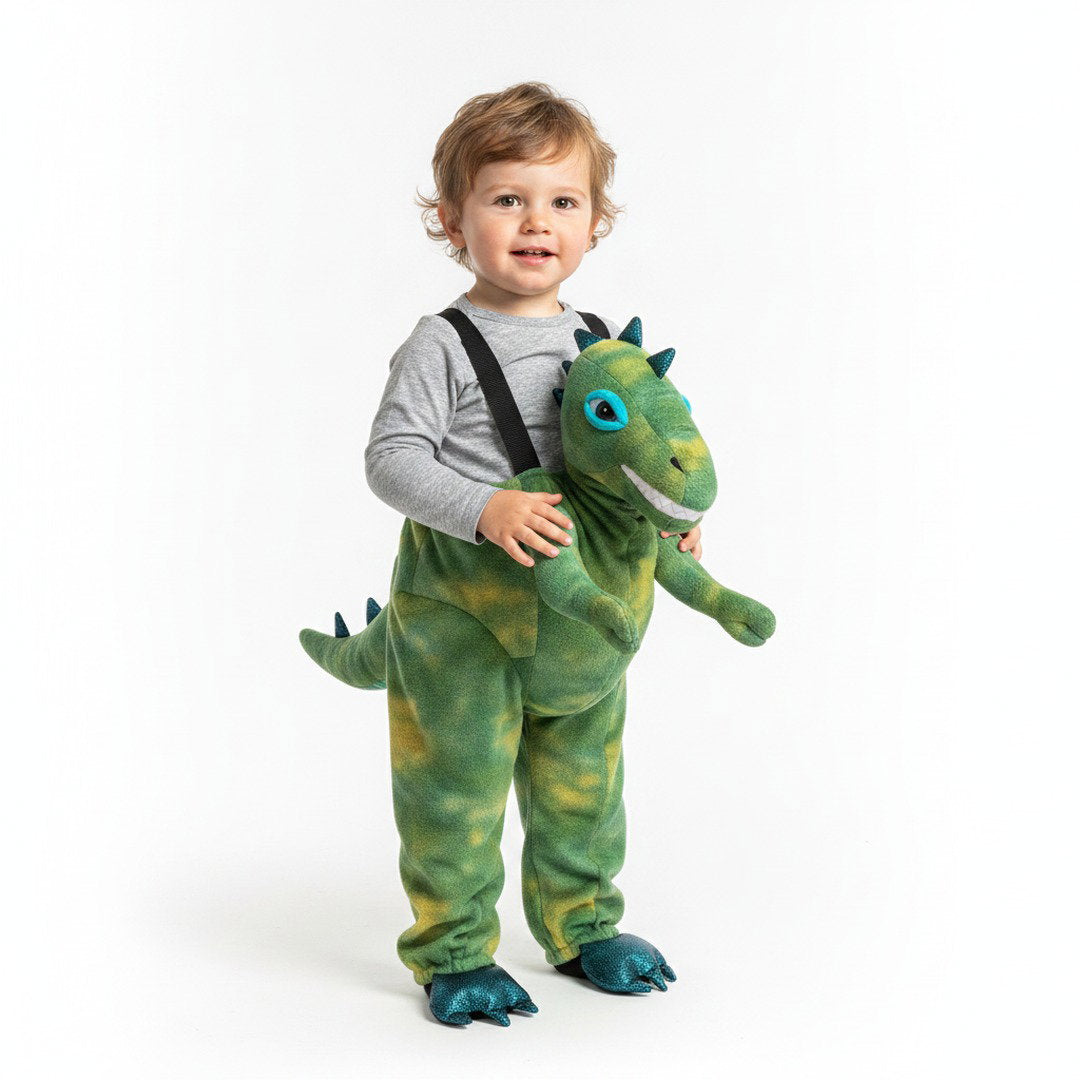 Dinosaurus-verkleedpak met dinosaurusvorm, bretels en klauwschoenen