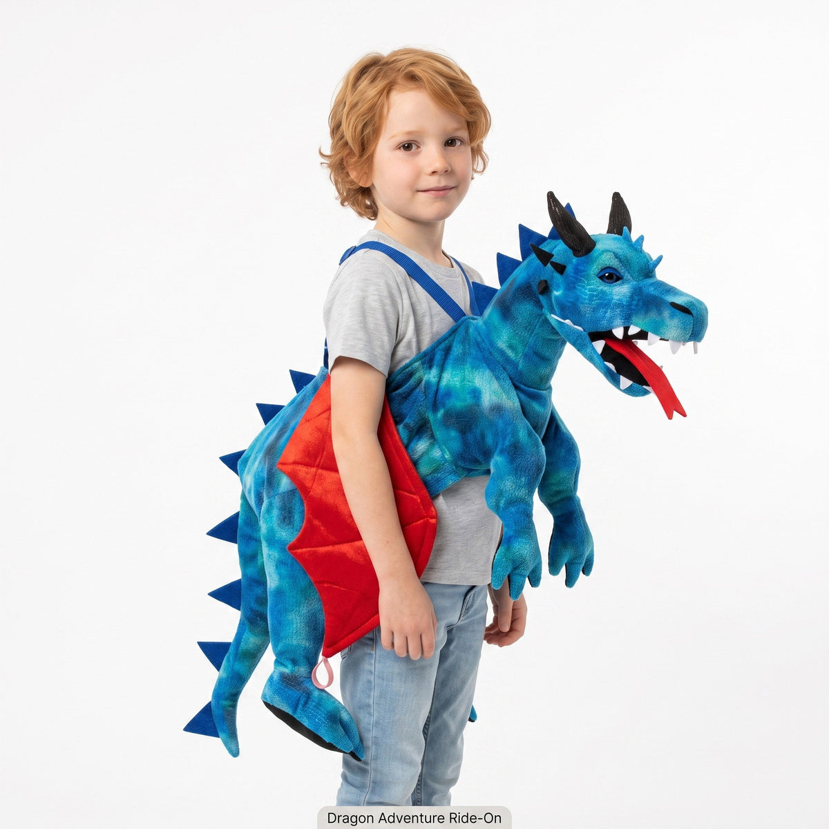 Spectaculair draken-omhangkostuum met indrukwekkende drakenkop, stoere stekels, vleugels en lange staart