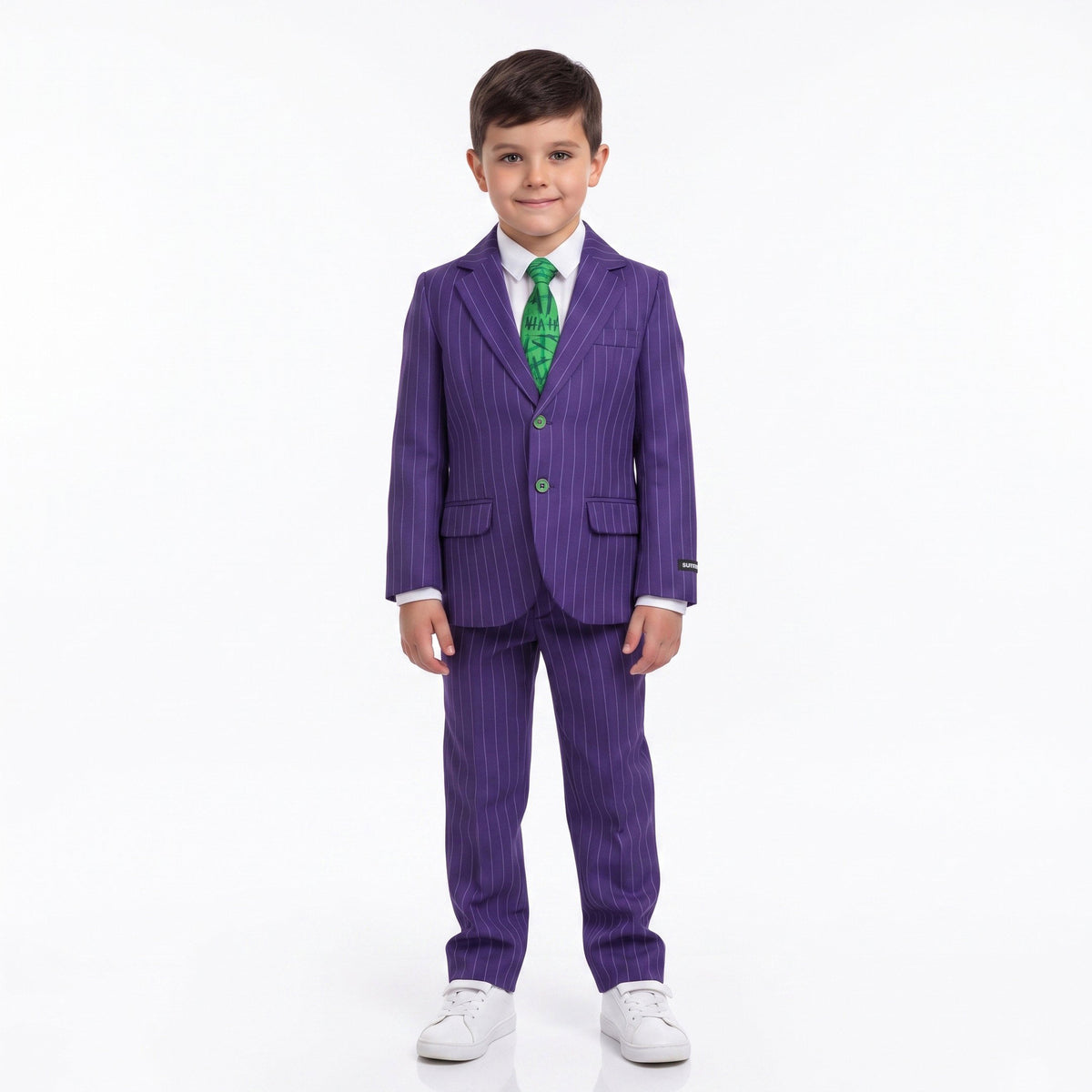 Ondeugend Jokerkostuum met stijlvol krijtstreeppak, bijpassend hemd en opvallende das voor een mysterieuze en griezelige Halloweenlook