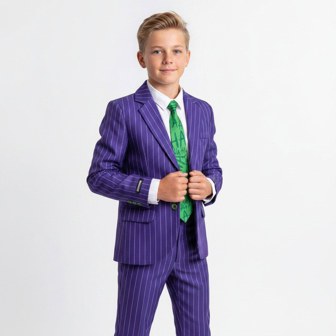 Ondeugend Jokerkostuum met stijlvol krijtstreeppak, bijpassend hemd en opvallende das voor een mysterieuze en griezelige Halloweenlook