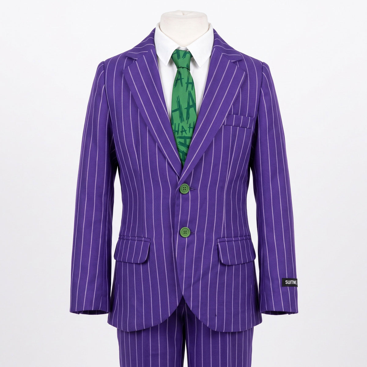Ondeugend Jokerkostuum met stijlvol krijtstreeppak, bijpassend hemd en opvallende das voor een mysterieuze en griezelige Halloweenlook