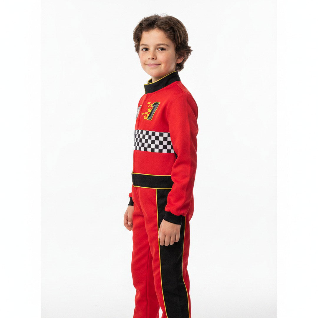 Autocoureurskostuum met raceoverall, riemdetail en sportieve race-accenten