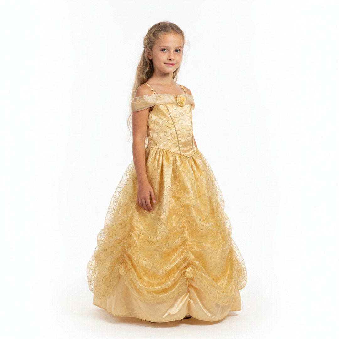 Prinsessenjurk met off-shoulder halslijn, roosdetail op het lijfje en een volumineuze, gelaagde rok.