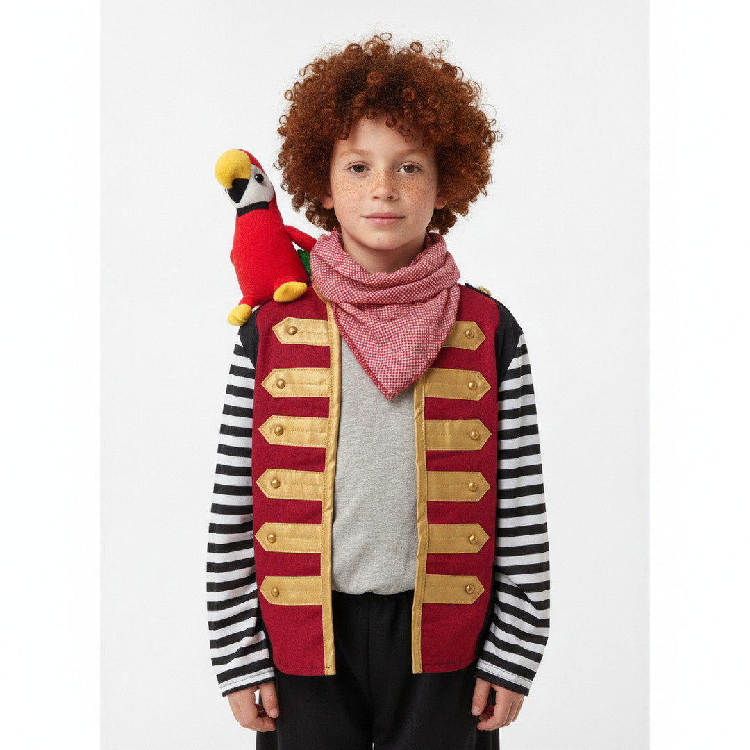 Piratenkostuum met vest, gescheurde broek en papegaai op de schouder met velcro