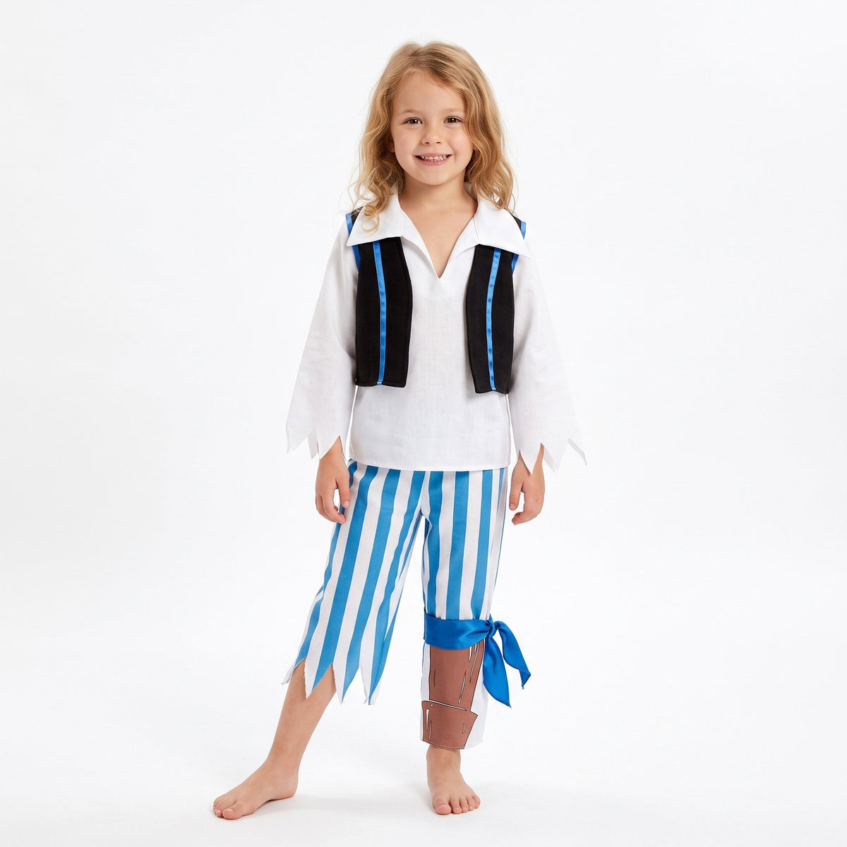 Klassiek piratenkostuum met hemd, gestreepte broek, houten been en gilet
