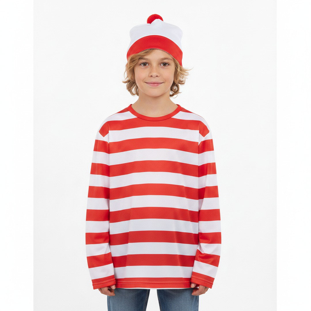 Waar is Wally?-kostuum met gestreepte trui, muts en ronde bril