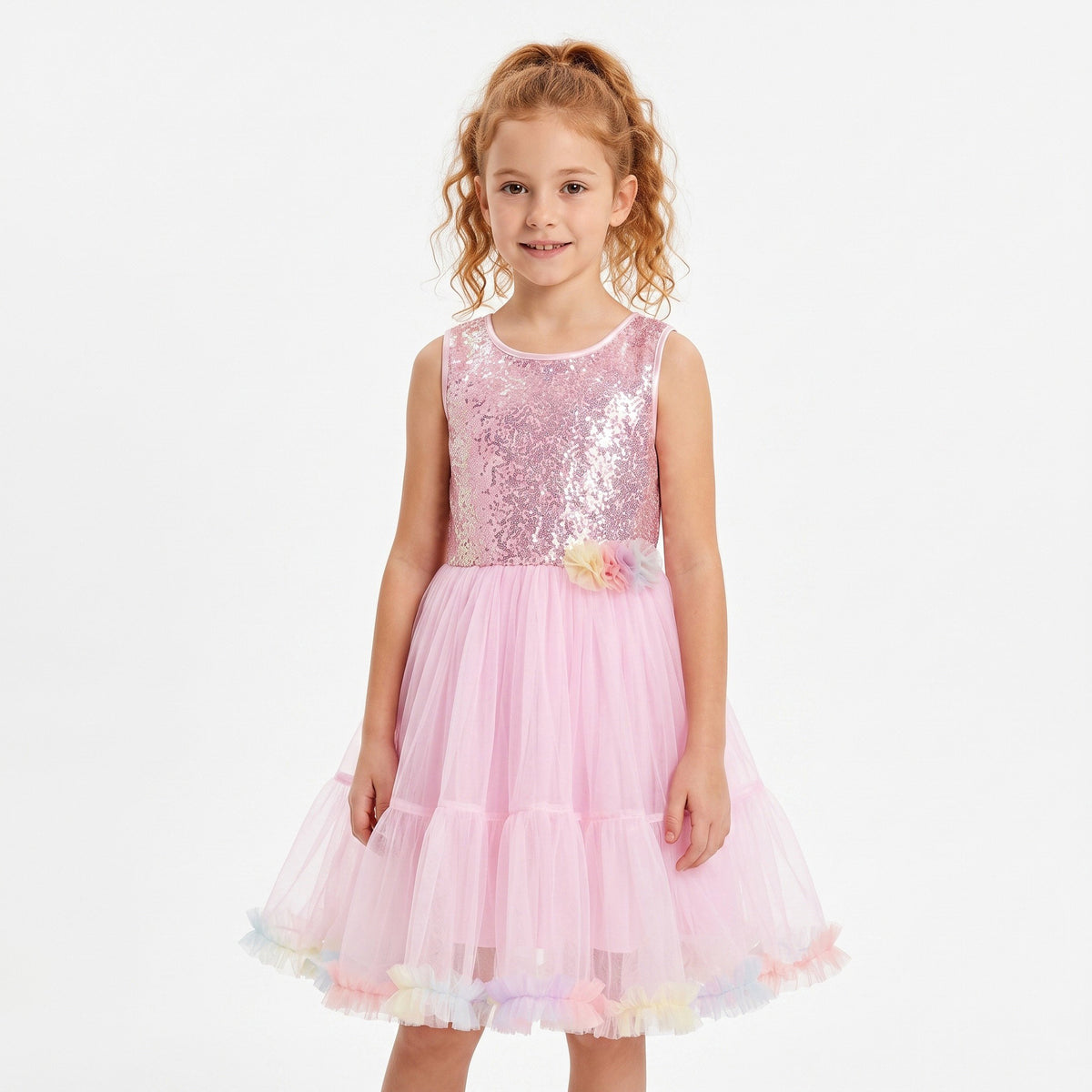 Betoverende unicorn-prinsessenjurk met een glinsterend paillettenlijfje, een luchtige tule rok en speelse pastelaccenten