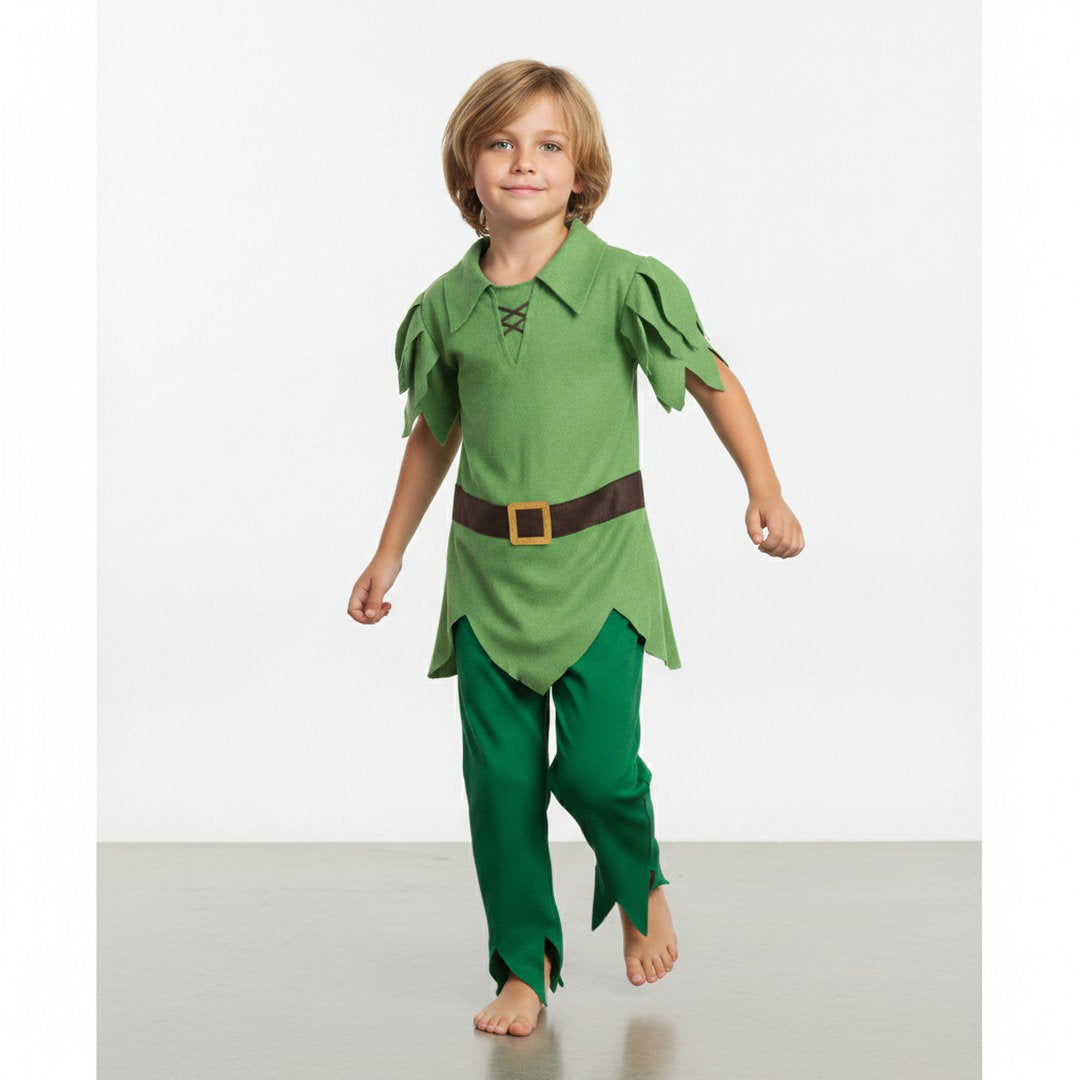 Peter Pan-kostuum met tuniek, muts met veer en riem