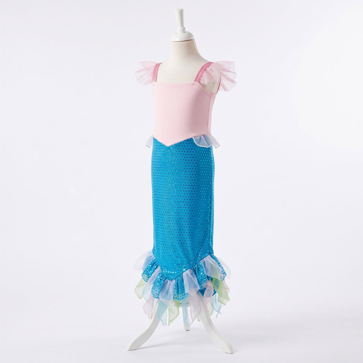 Betoverende zeemeerminjurk met sierlijk lijfje, speelse ruches, glinsterende details en een lange rok met sierlijke vinnen