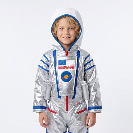 Astronautenkostuum met gewatteerde ruimteoverall, kap en driedimensionale ruimtedetails