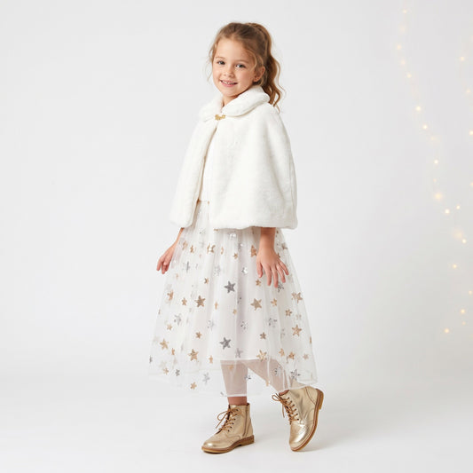 Koninklijke jurk met zachte cape, sierlijk lijfje en lange, volle tule rok versierd met glinsterende sterren