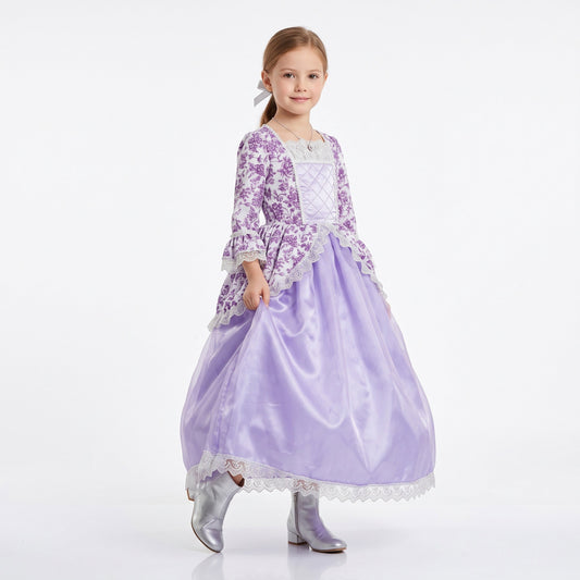 Lange prinsessenjurk met aansluitend lijfje, lange mouwen, verfijnde bloemen- en kantdetails en een volle, zwierige rok