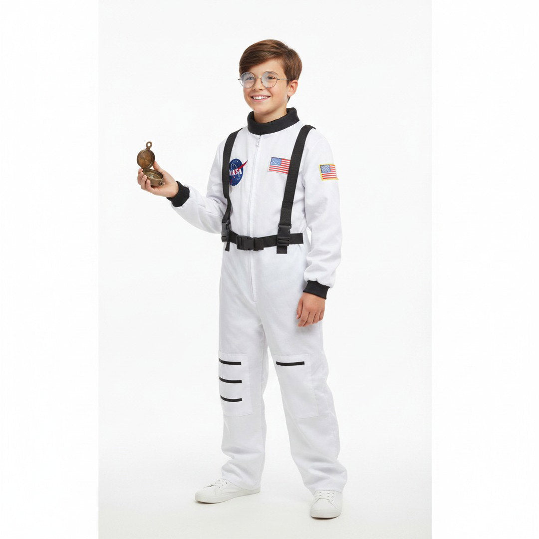 Astronautenkostuum met ruimteoverall, contrasterende details en ruimte-emblemen