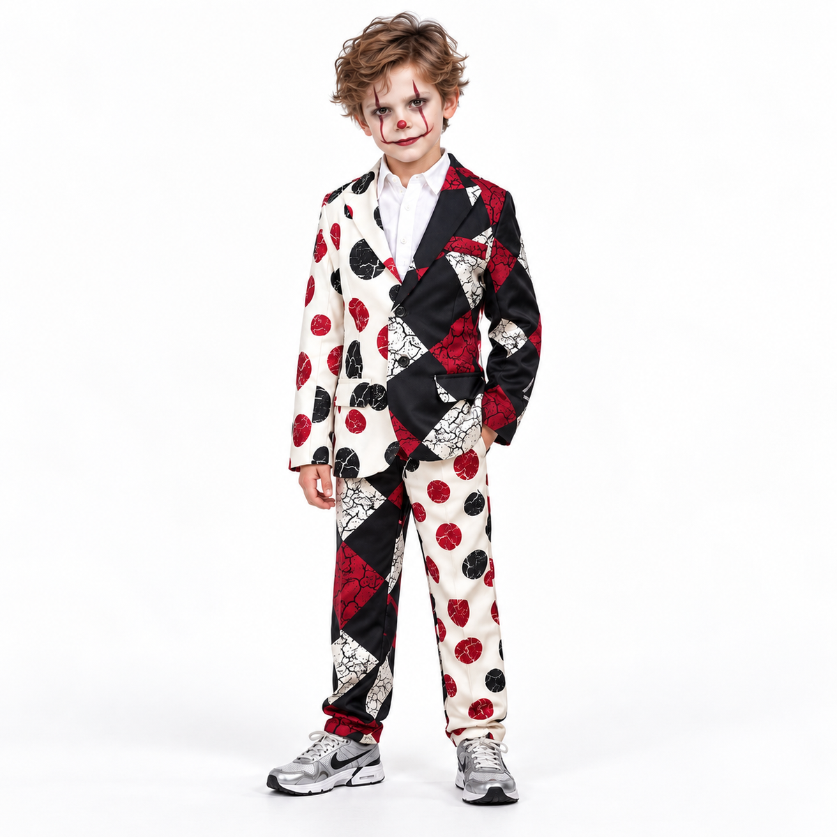 Griezelig clownskostuum met opvallend asymmetrisch patroon, jasje, bijpassende broek en hemd voor een angstaanjagende clownlook