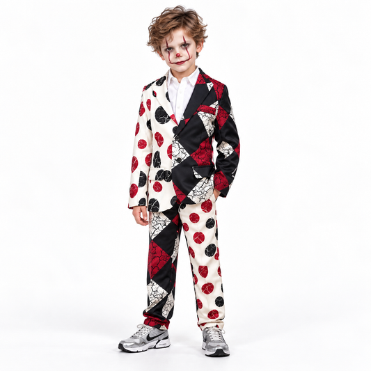 Griezelig clownskostuum met opvallend asymmetrisch patroon, jasje, bijpassende broek en hemd voor een angstaanjagende clownlook