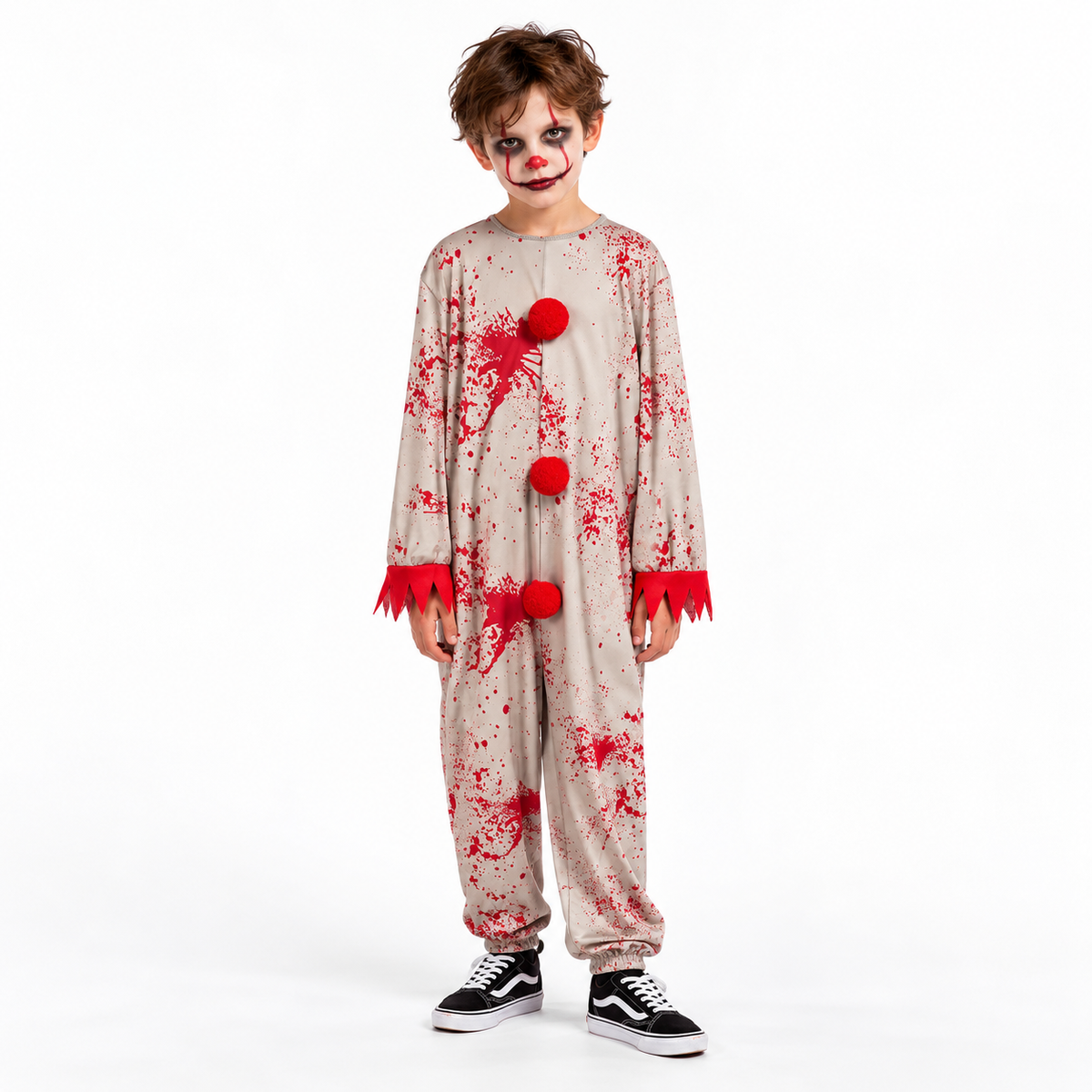 Griezelig clownskostuum met grote pompons, rafelige mouwen en opvallende spetterprint voor een enge look