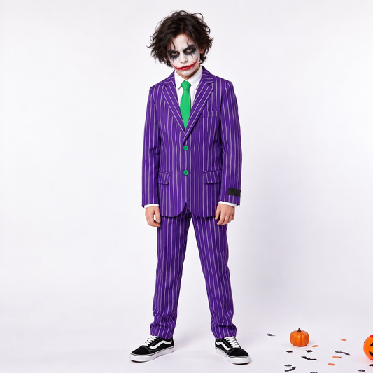 Ondeugend Jokerkostuum met stijlvol krijtstreeppak, bijpassend hemd en opvallende das voor een mysterieuze en griezelige Halloweenlook