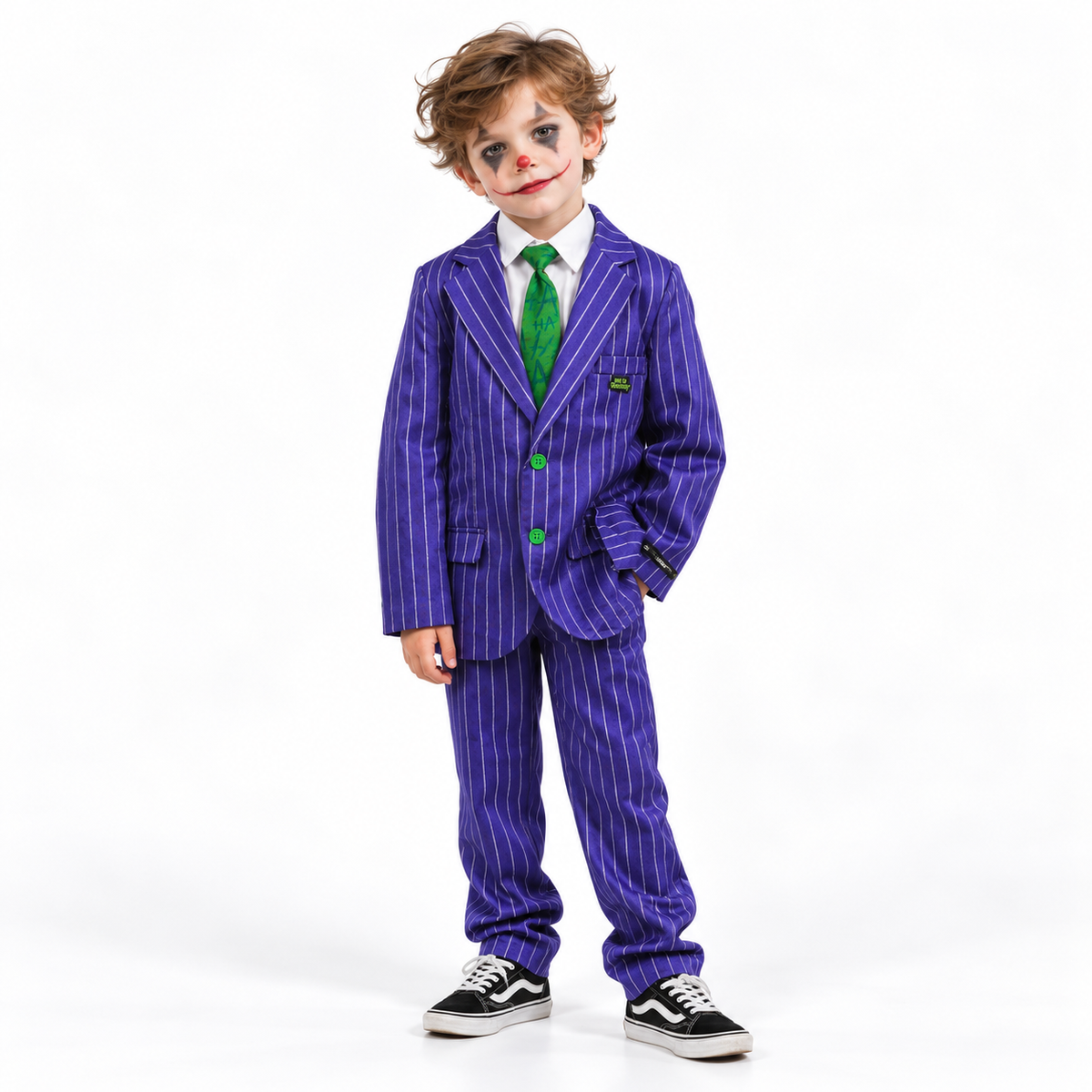 Ondeugend Jokerkostuum met stijlvol krijtstreeppak, bijpassend hemd en opvallende das voor een mysterieuze en griezelige Halloweenlook