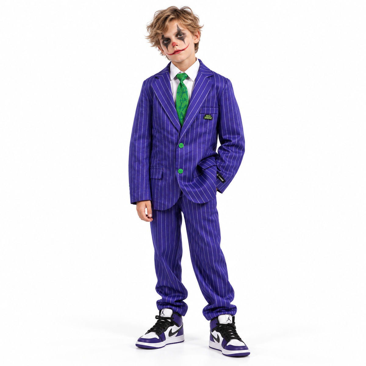 Ondeugend Jokerkostuum met stijlvol krijtstreeppak, bijpassend hemd en opvallende das voor een mysterieuze en griezelige Halloweenlook