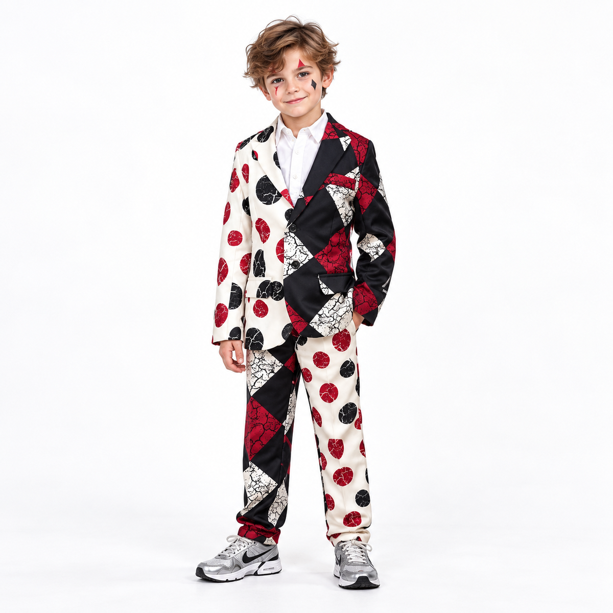 Griezelig clownskostuum met opvallend asymmetrisch patroon, jasje, bijpassende broek en hemd voor een angstaanjagende clownlook