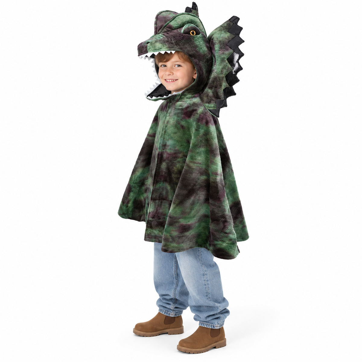 Zachte drakencape met grote drakenkop als capuchon, beweegbare kaak met tanden, opvallende ogen, stekels langs de kop en rug en een lange staart