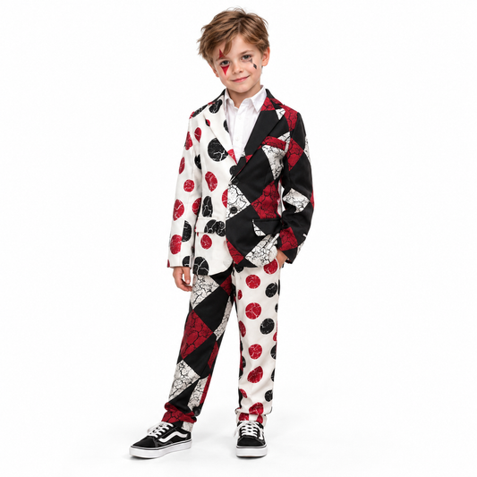 Griezelig clownskostuum met opvallend asymmetrisch patroon, jasje, bijpassende broek en hemd voor een angstaanjagende clownlook