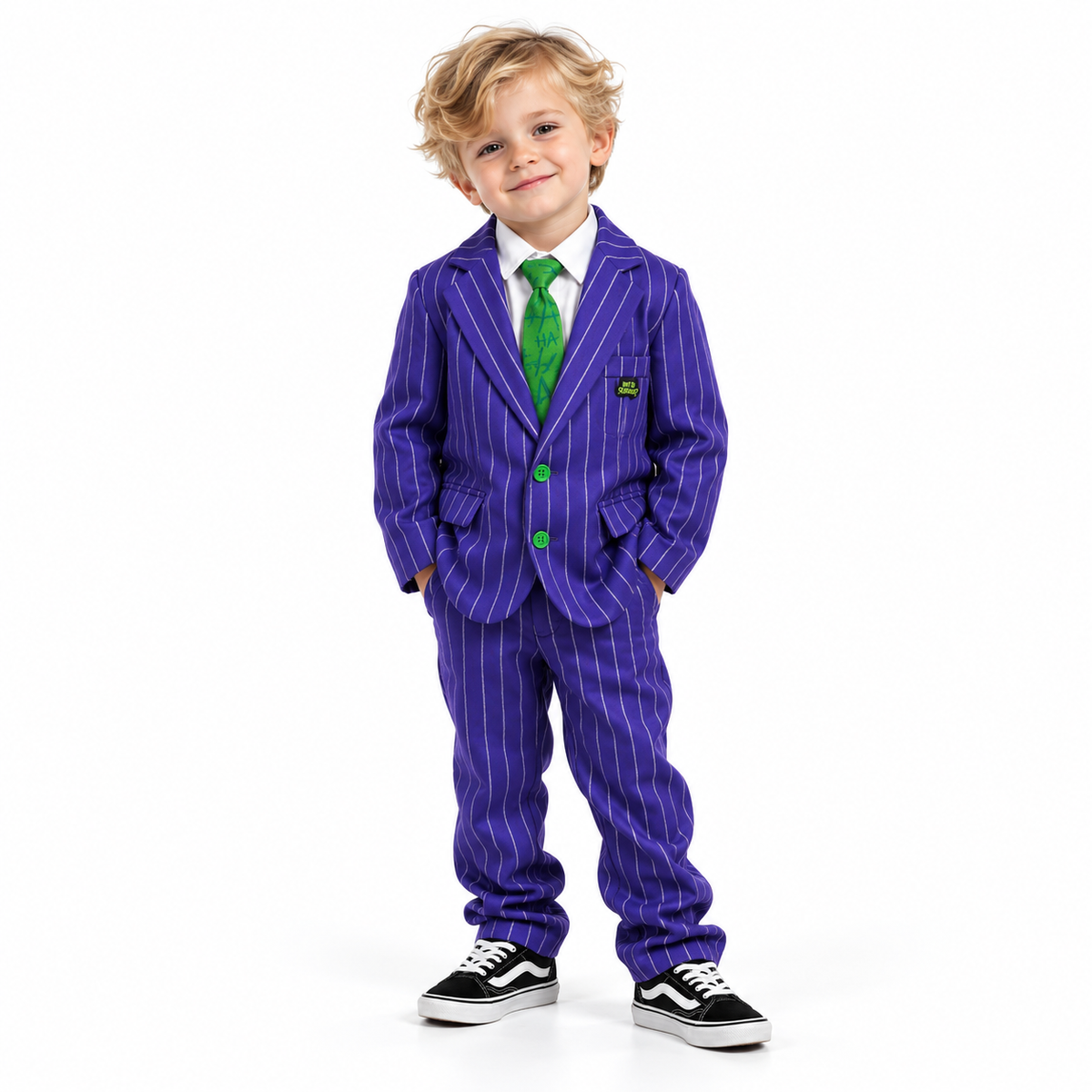 Ondeugend Jokerkostuum met stijlvol krijtstreeppak, bijpassend hemd en opvallende das voor een mysterieuze en griezelige Halloweenlook