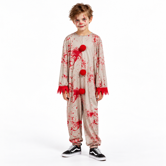 Griezelig clownskostuum met grote pompons, rafelige mouwen en opvallende spetterprint voor een enge look