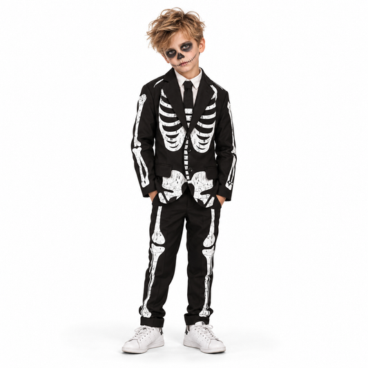 Stijlvol pak met jasje, hemd en das, afgewerkt met een opvallend skeletpatroon voor een mysterieuze, griezelige Halloweenlook.