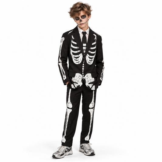 Stijlvol pak met jasje, hemd en das, afgewerkt met een opvallend skeletpatroon voor een mysterieuze, griezelige Halloweenlook.