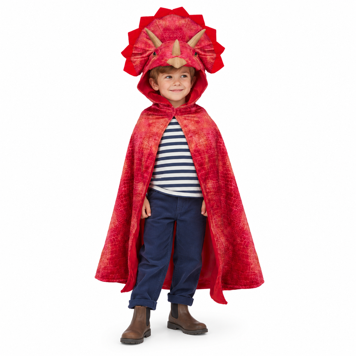 Triceratops-cape met capuchon, hoorns en dinogezicht