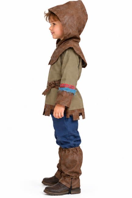 Stoer avonturierskostuum met een tuniek met kap, decoratieve riemdetails, kleurrijke armband en bijpassende beenstukken
