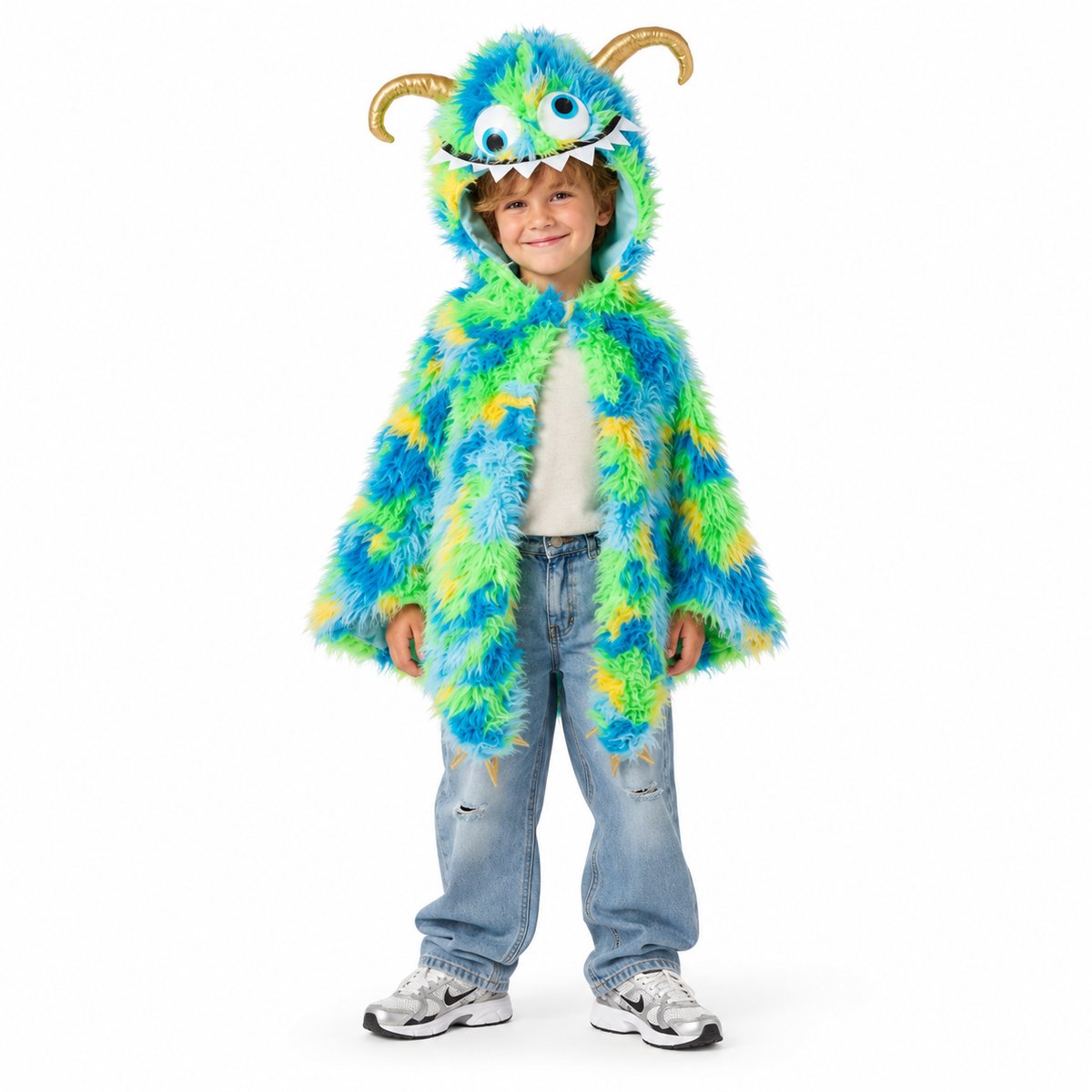 Zachte pluche monstercape met grappige monsterkop, grote ogen, tanden, hoorns en lange klauwen