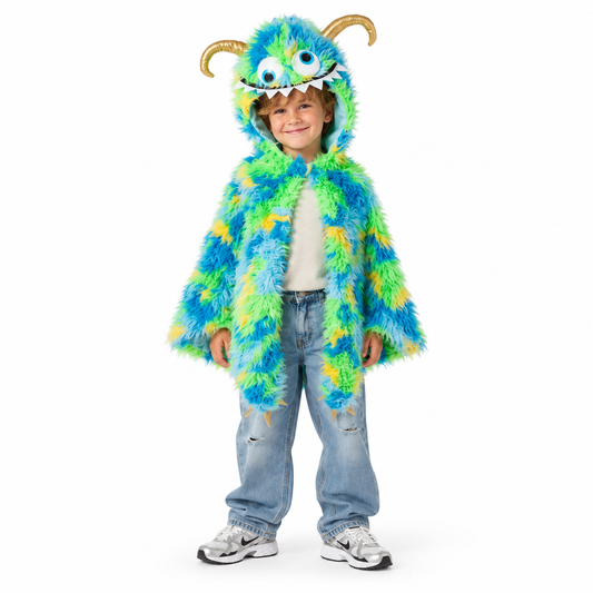 Zachte pluche monstercape met grappige monsterkop, grote ogen, tanden, hoorns en lange klauwen