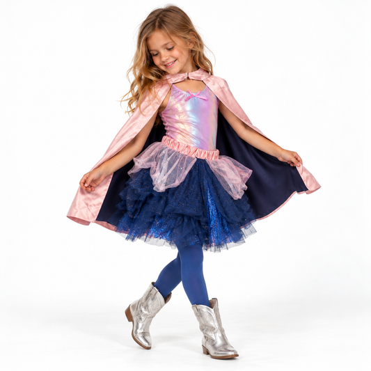Superheldinnennoutfit met lange cape, glanzende top, bijpassende rok met glittertule, sterretjes en bliksemschicht