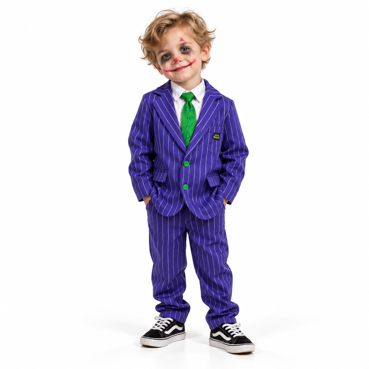 Ondeugend Jokerkostuum met stijlvol krijtstreeppak, bijpassend hemd en opvallende das voor een mysterieuze en griezelige Halloweenlook