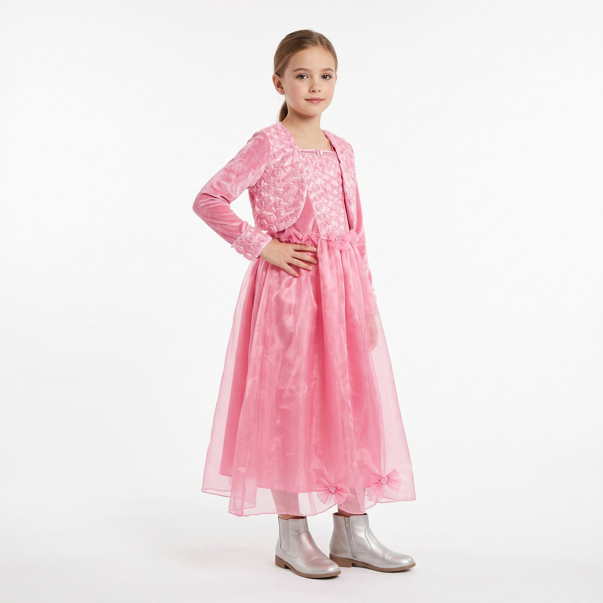 Prinsessenjurk met sierlijk lijfje, elegante bolero, lange zwierige rok, verfijnde strikdetails voor een sprookjesachtig avontuur vol koninklijke magie