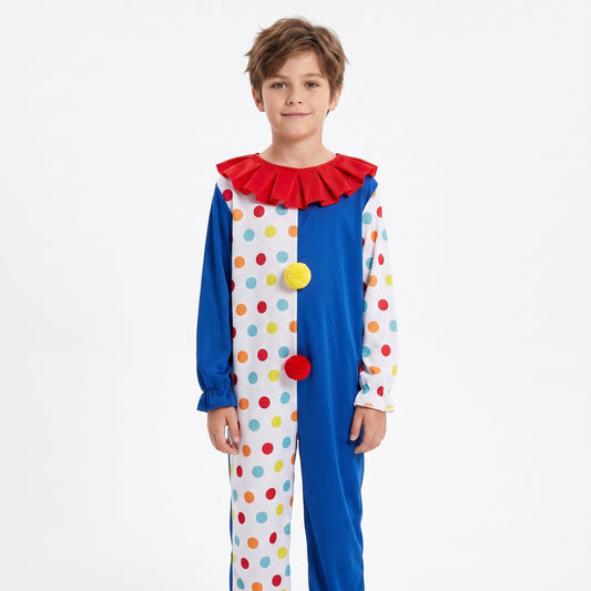 Clownskostuum met gestippeld pak, contrasterende broekspijp, kraag en pompons