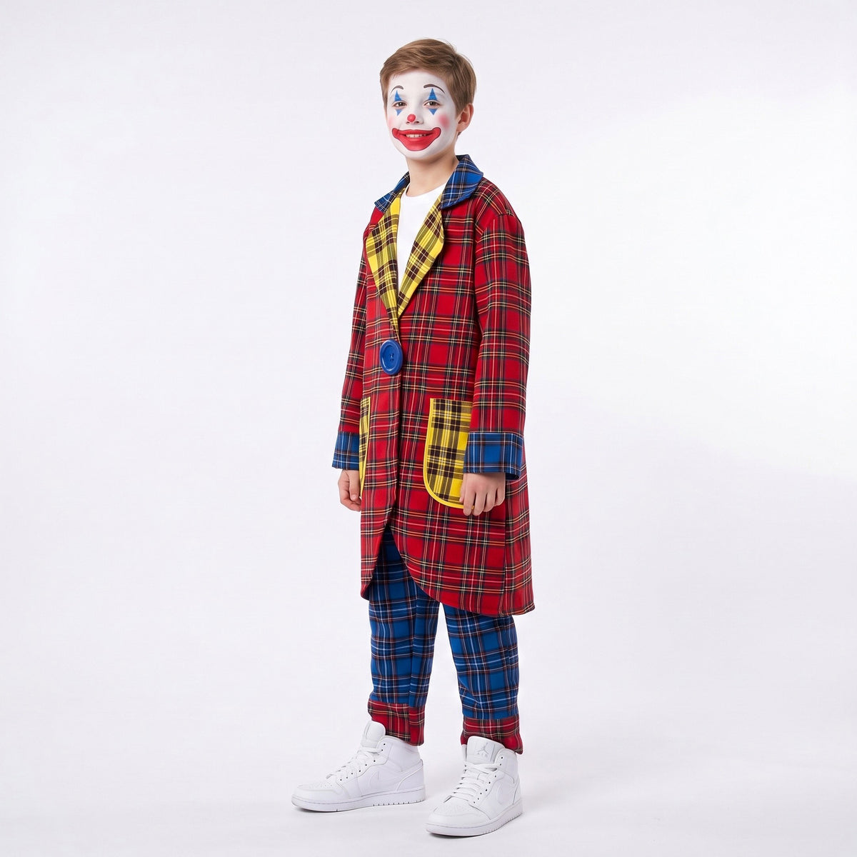 Clownskostuum met geruit patroon en opvallende zakken