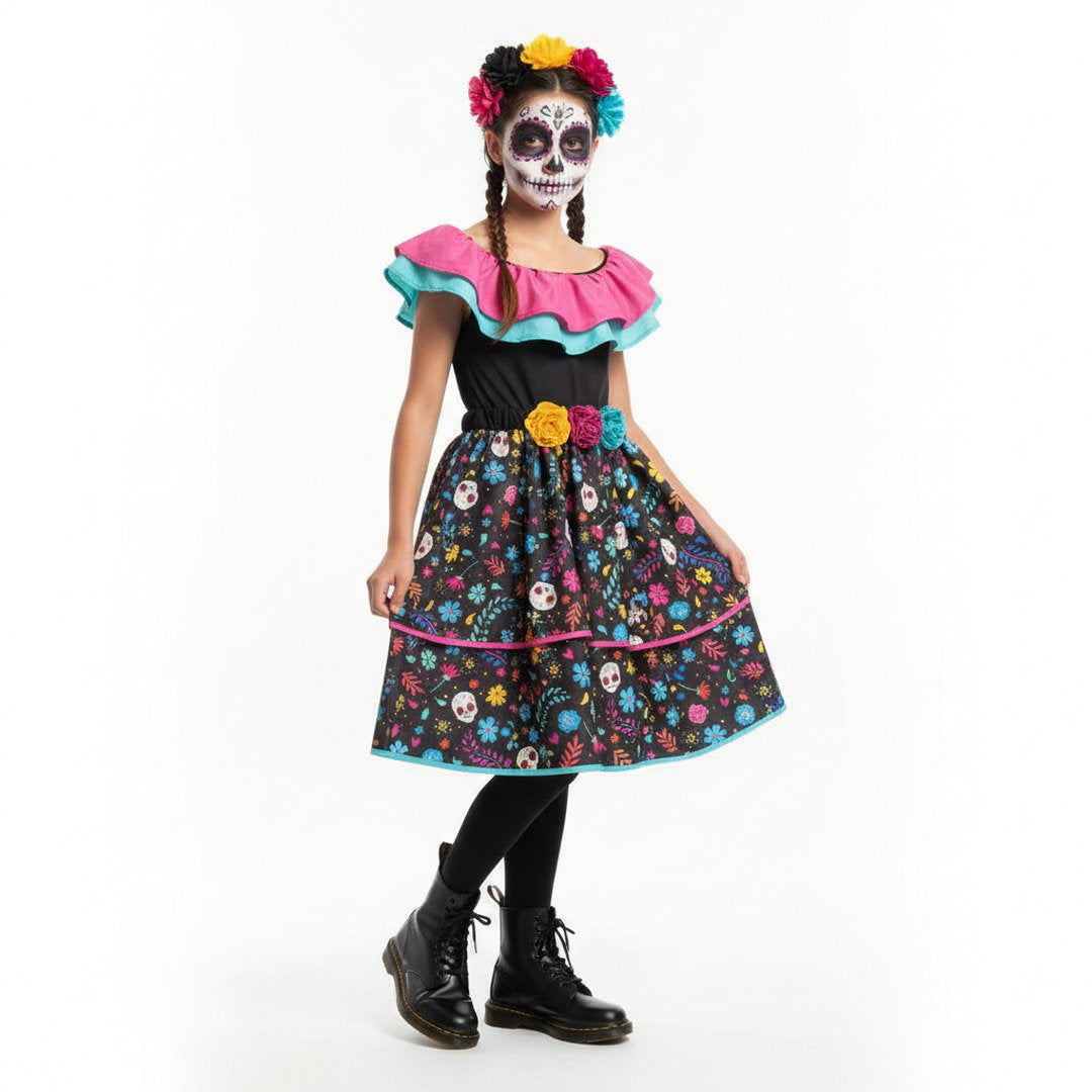 Kleurrijke Día de los Muertos-jurk met sierlijke bloemen, opvallende kraag en rijk gedetailleerde rok